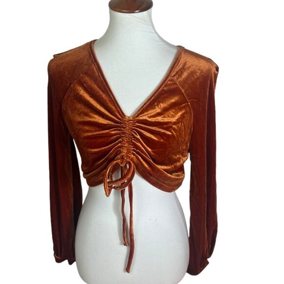 Shein Rust Orange Velour Long Sleeve Gathered Crop Top Size M - Picture 1 of 4